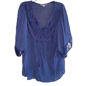 Womens Valerie Stevens Crochet BOHO FAIRY Blouse Top Blue Sz 1X Cottagecore Blue